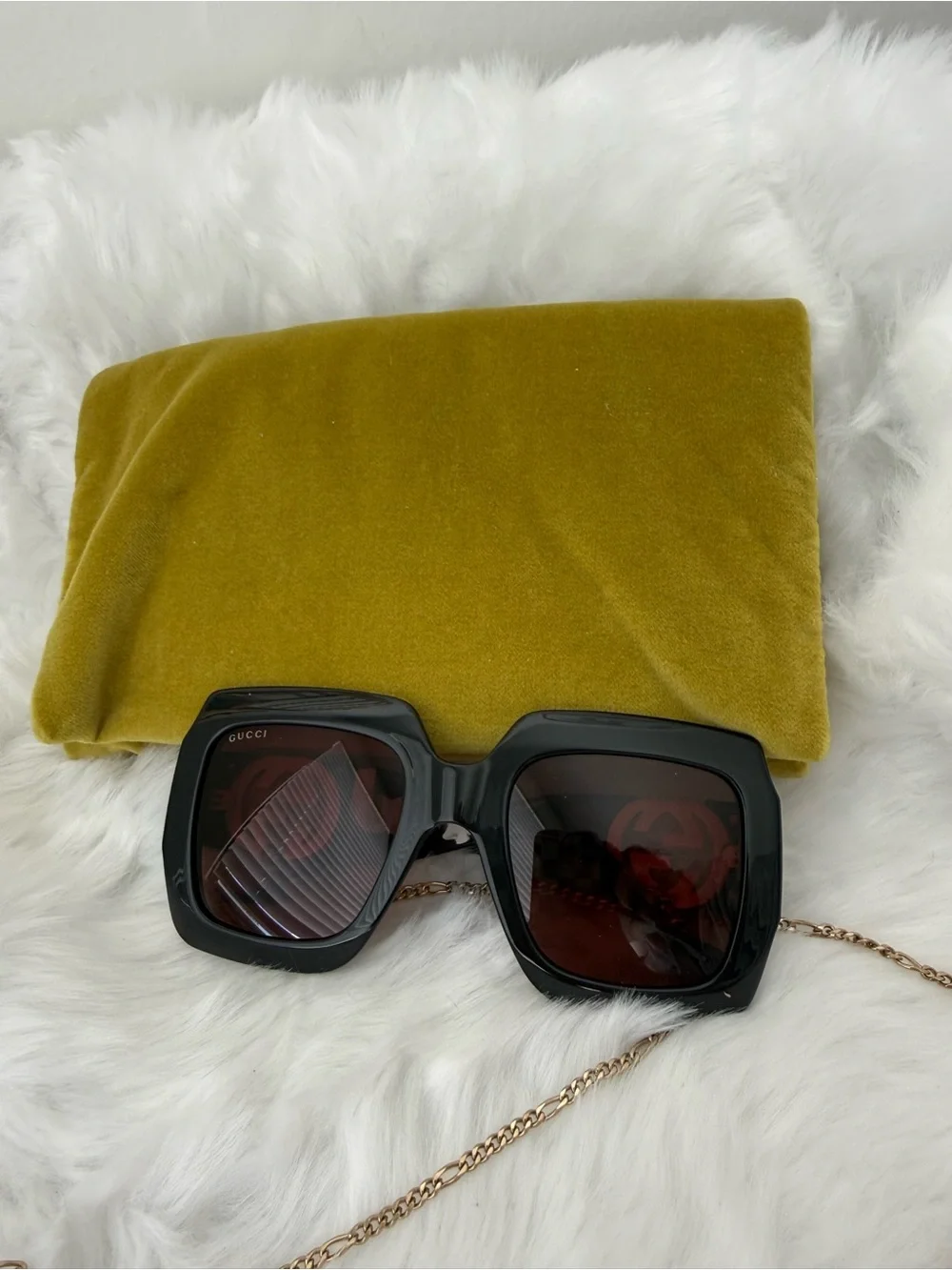Gucci Black Square Sunglasses with Gold Chain and Brown Lenses